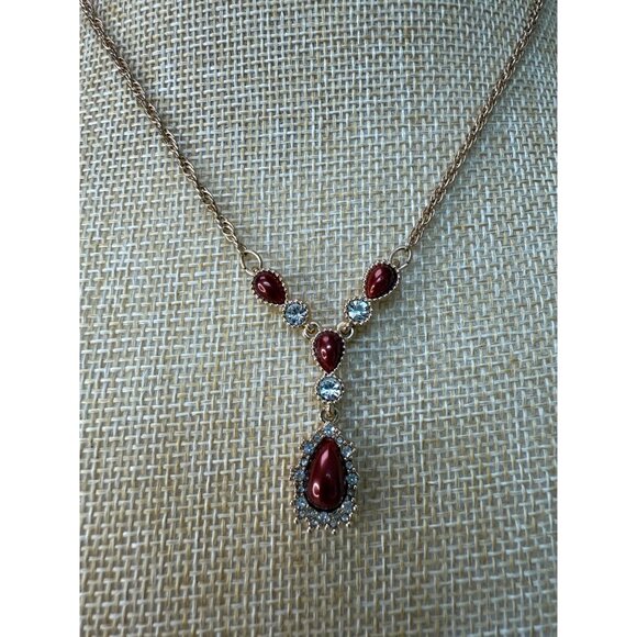 Gold-Tone Red Teardrop & Clear Crystal Pendant Necklace By Charter Club 18" Adju - Picture 5 of 8
